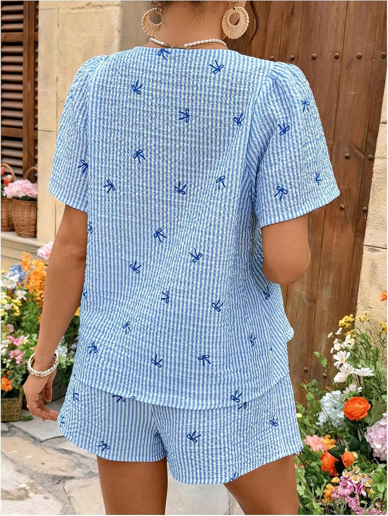 MakeMeChic Women's Boho Maternity 2 Piece Striped Outfits Bow Print Short Sleeve Blouse and Shorts Pregnancy Set - Image 3